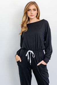 Long-Sleeved Wide Neck Jumpsuit with Pockets