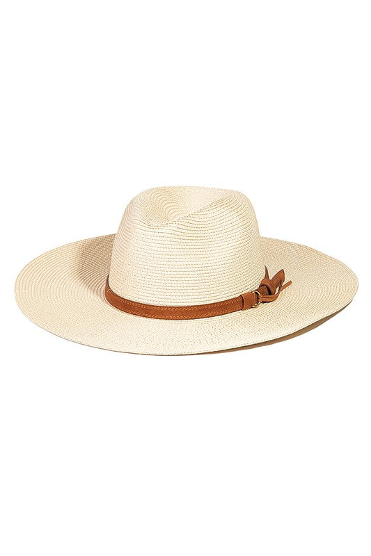 Ivory Wide Brim Straw Fedora Hat with Brown Belt