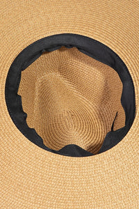 Black Wide Brim Straw Fedora Hat with Brown Belt