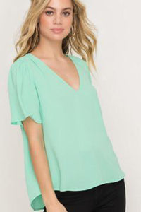 Puffed Flutter Sleeve V-Neck Cropped Blouse - More Colors Available