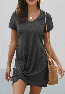 T-Shirt Dress With V-Neck and Knot Hem in Black