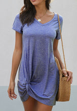Load image into Gallery viewer, T-Shirt Dress With V-Neck and Knot Hem in Blue