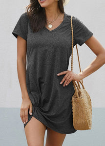 T-Shirt Dress With V-Neck and Knot Hem in Black