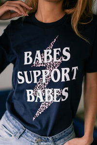 Black T Shirt Babes Support Babes With Pink  Leopard Lightning Bolt Dsign