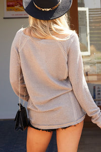 Taupe Waffle-Knit V-Neck Top