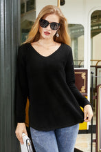 Load image into Gallery viewer, Black V-Neck Waffle Knit Long Sleeve Top