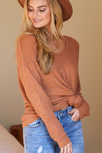 Rust V-Neck Waffle Top
