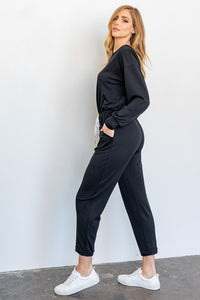 Long-Sleeved Wide Neck Jumpsuit with Pockets