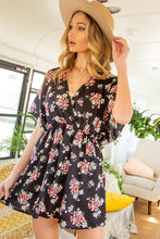 Load image into Gallery viewer, Black Floral Short Sleeve Surplice Mini Dress