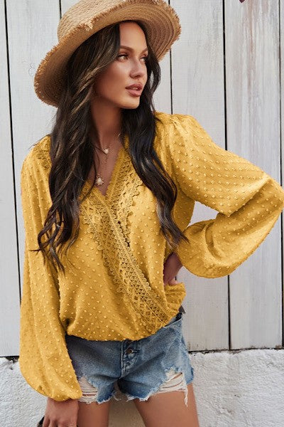 Yellow Long-Sleeved Dotted Wrap Top