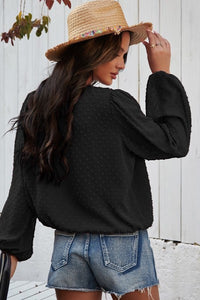 Black Long-Sleeved Dotted Wrap Top