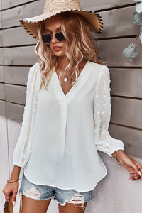 White V-Neck Dotted Sleeve Top