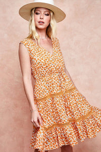 Orange Floral Sleeveless V-Neck Dress