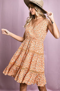 Orange Floral Sleeveless V-Neck Dress