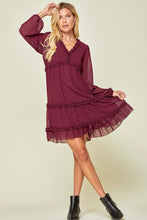 Load image into Gallery viewer, Wine Long Sleeve V-Neck Babydoll Dress