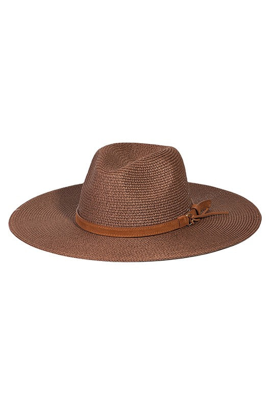 Brown Wide Brim Straw Fedora Hat with Brown Belt