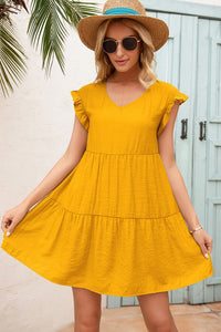 Mustard V-Neck Flutter Sleeve Dress